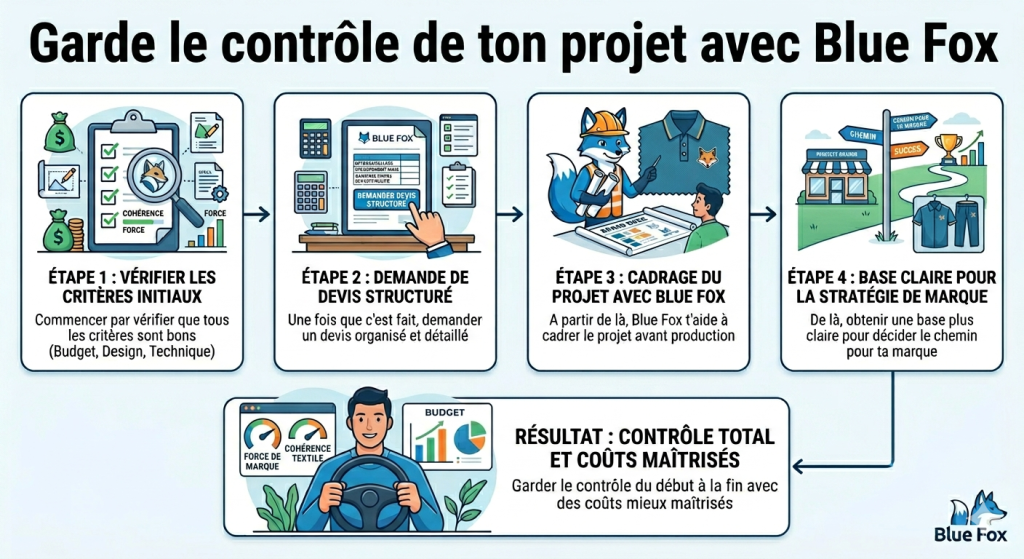 Commence par vérifier que tous les critères sont bons.
Une fois que c'est fait, demande un devis structuré.
A partir de là, Blue Fox t'aide à cadrer le projet avant production.
Et de là, tu obtiens une base plus claire pour décider le chemin que tu veux prendre pour ta marque.
Cela te permet du coup de garder le contrôle sur ton projet du début à la fin, avec des coûts mieux maîtrisés.