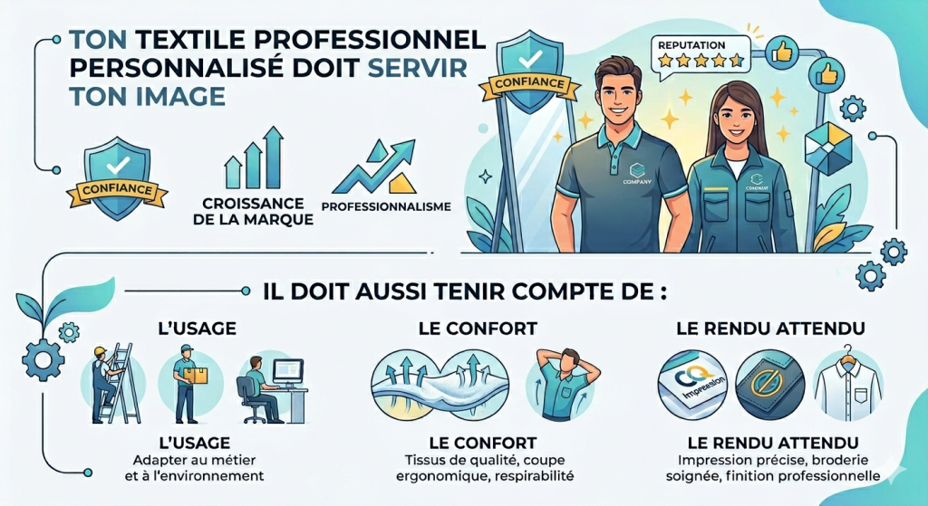 Le bon textile ne se choisit pas au hasard.
Il est important de retenir que ton textile professionnel personnalisé doit servir ton image.
Il doit aussi tenir compte de l’usage, du confort et du rendu attendu.
