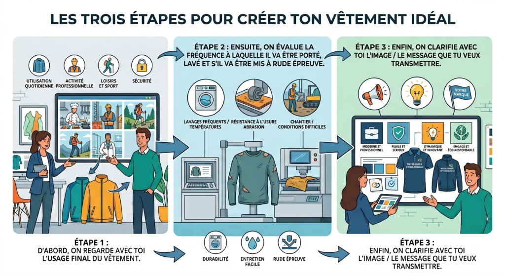 D'abord, on regarde avec toi l'usage final du vêtement.
Ensuite, on évalue la fréquence à laquelle il va être porté, lavé et s'il va être mis à rude épreuve.
Enfin, on clarifie avec toi l'image / le message que tu veux transmettre.
